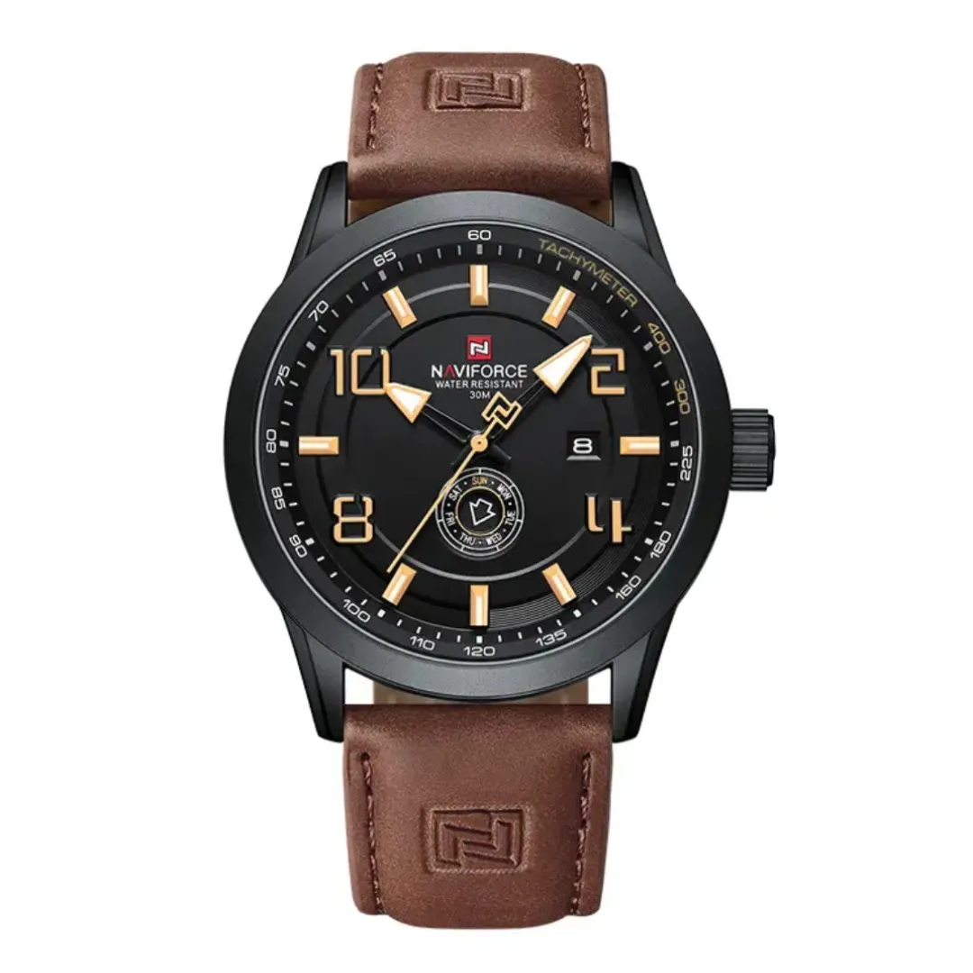 NAVIFORCE NF9229 Youth Retro Fashion Luminous Quartz Men's Watch – Dial Color: Yellow, Strap Color:  Brown  – View 1