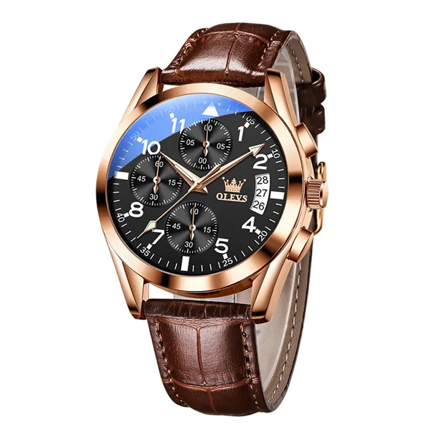 OLEVS 2878 Elite Sports Stainless Steel Chronograph Men's Analog Watch  – Dial Color: Black, Strap Color:  Brown  – View 1