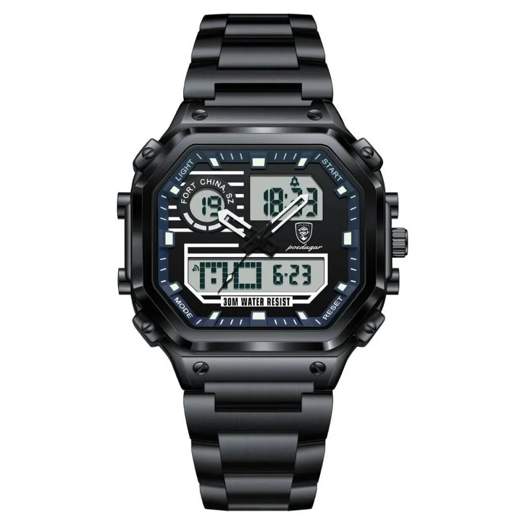 Poedagar 993 Sports Waterproof Dual Display Men’s Watch – Dial Color: Black, Strap Color: Black – View 1