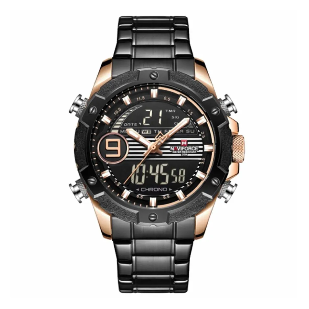 Naviforce NF9146 Double Time Waterproof Dual LCD Quartz Men's Watch  – Dial Color: Rose, Strap Color: Black – View 1