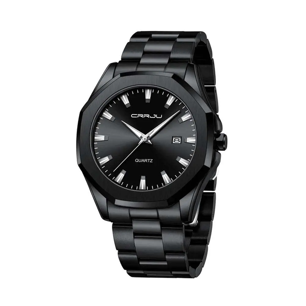 CRRJU 5004 High Quality Stainless Steel Quartz Analog Luxury Fashion Men's Watch – Dial Color: Black, Strap Color: Black – View 1