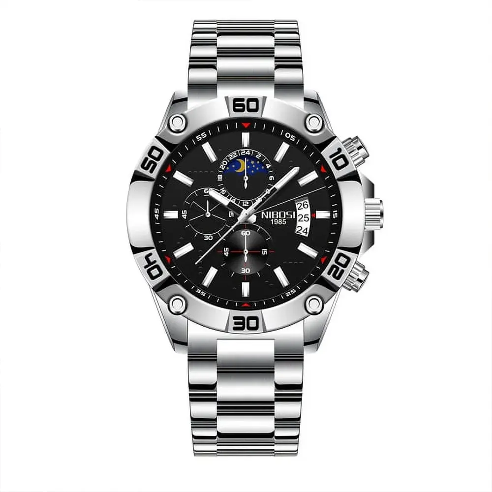 Nibosi 2502 Luxury Stainless Steel Strap With Luminous Men's Watch – Dial Color: Silver, Strap Color: Silver – View 1