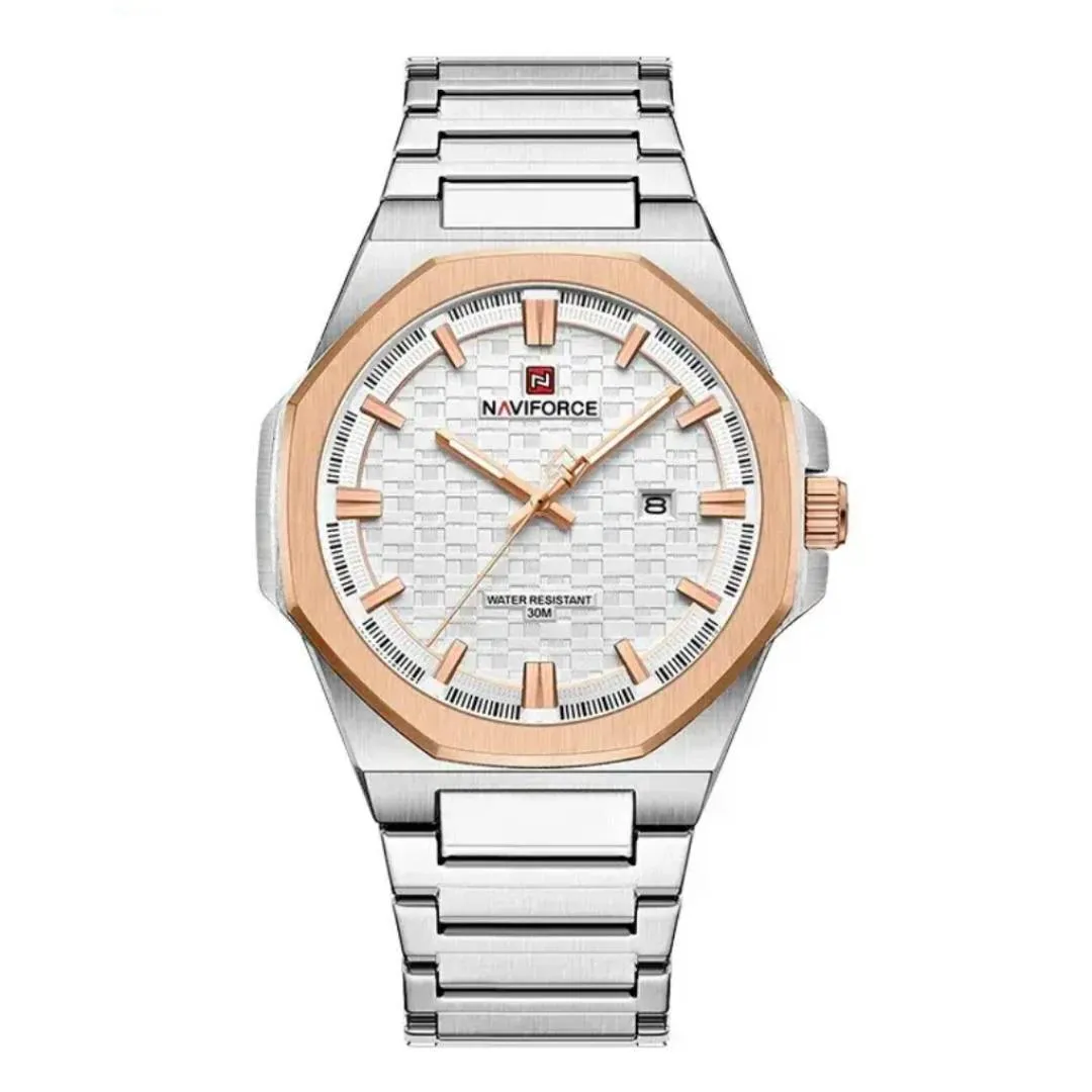 NAVIFORCE NF9245 Steel Strap Polygonal Design Analog Men's Watch – Dial Color: Silver, Strap Color: Silver – View 1