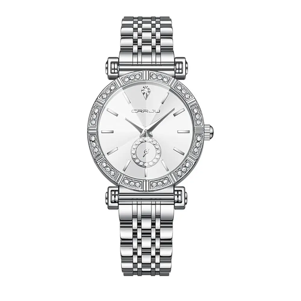 CRRJU 2494 Classic Fashion Rhinestone Diamond Movement Analog Dress  Women Watch – Dial Color: White, Strap Color: Silver – View 1