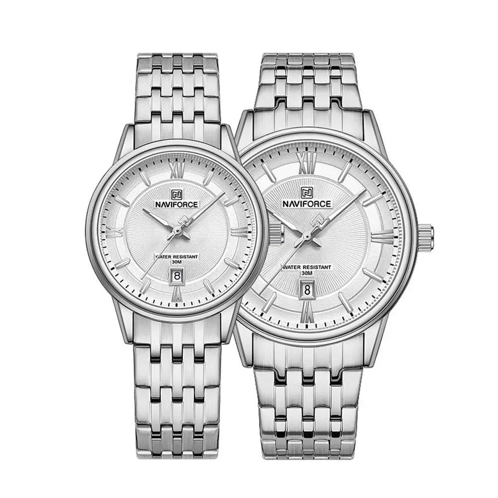 Naviforce NF8040 High Quality Stainless Steel Classic Quartz Fashion Couple's Watch – Dial Color: Silver, Strap Color: Silver – View 1