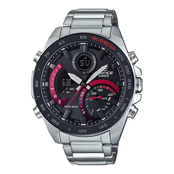 Casio ECB-900DB-1ADR Edifice Bluetooth Stainless Steel Tough Solar Men’s Watch – Dial Color: Red, Strap Color: Silver – View 1