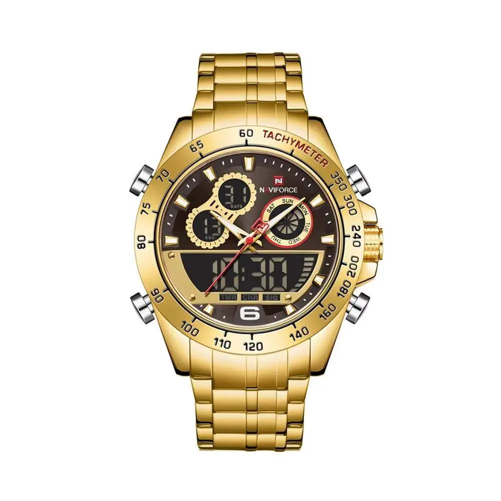 Naviforce NF9188 Luxury Stainless Steel Strap Analog Digital Sports Men's Watch – Dial Color: Gold, Strap Color: Gold  – View 1
