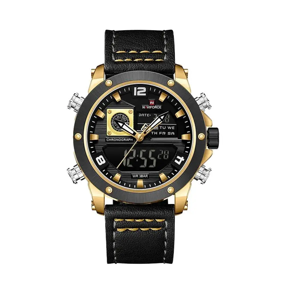 Naviforce NF9236 Military Style Comfortable Leather Strap Dual Movement Sports Men’s Watch – Dial Color: Gold, Strap Color: Black – View 1