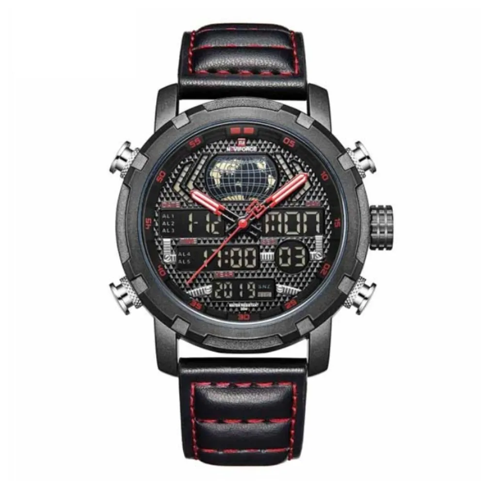 Naviforce NF9160 PU Leather Dual Time Men’s Wrist Watch – Dial Color: Red, Strap Color: Black – View 1