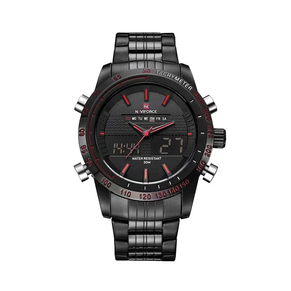 Naviforce NF9024 Luxury Stainnless Steel Dual Display Sport Men's Watch – Dial Color: Red, Strap Color: Black – View 1