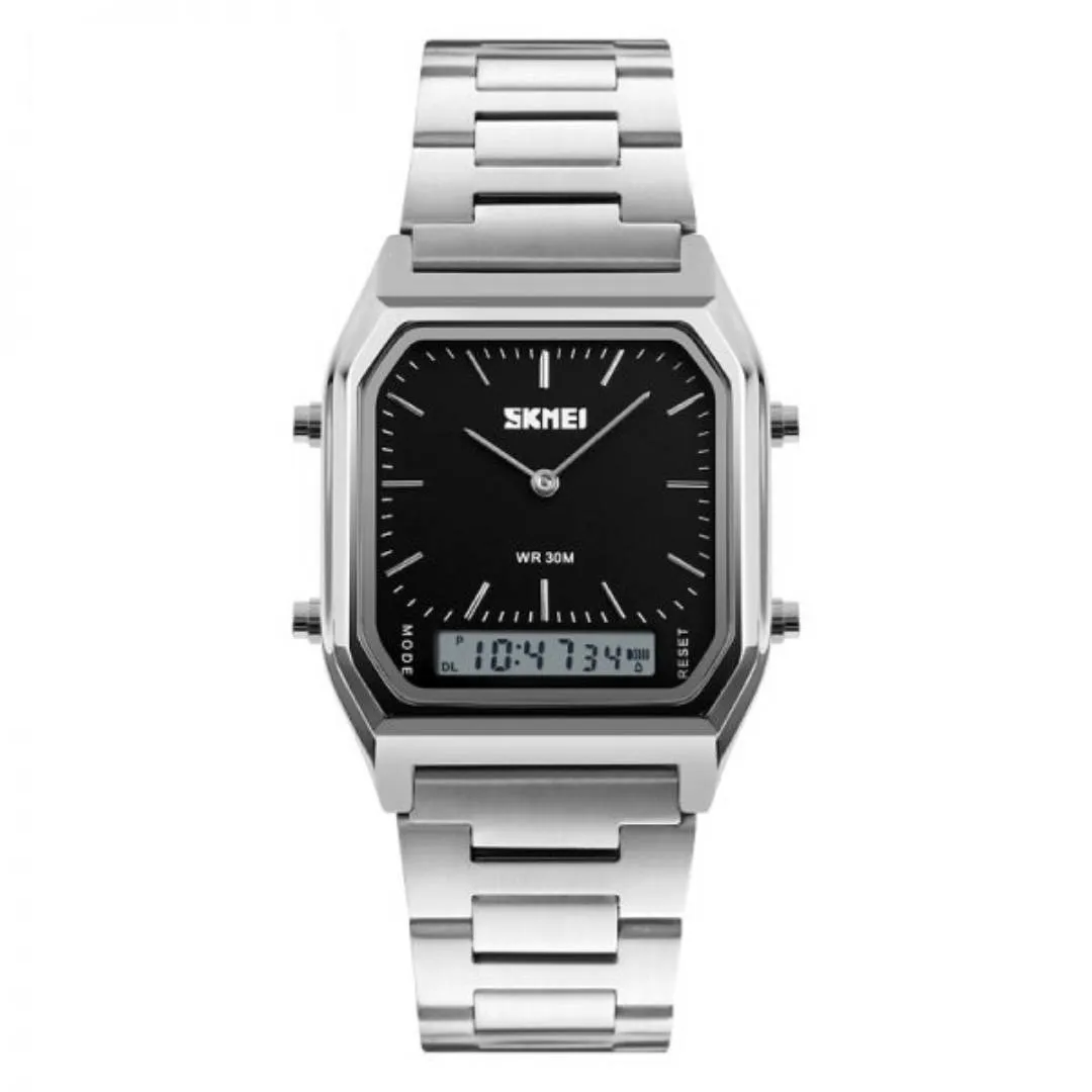 Skmei 1220 Stianless Steel Dual Display Digital Men's Watch – Dial Color: Black, Strap Color: Silver – View 1