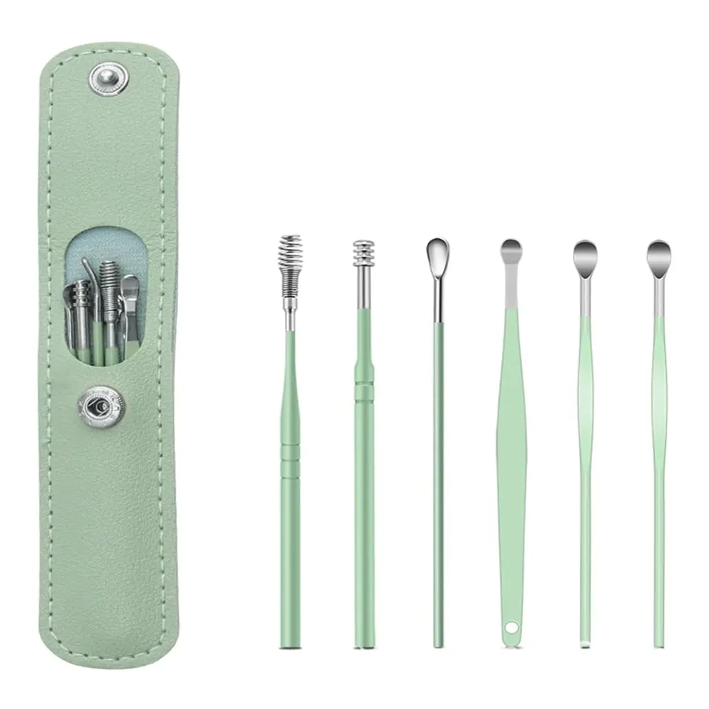 6pcs Ear Cleaning & Pick Set Portable Stainless Steel Set With Lather Case – Color: Green – View 1