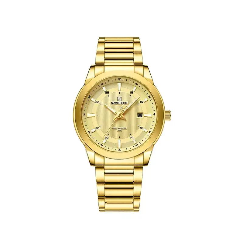 Naviforce NF8029 Luxury Stainless Steel Quartz Analog Men's Watch – Dial Color: Gold, Strap Color: Gold  – View 1