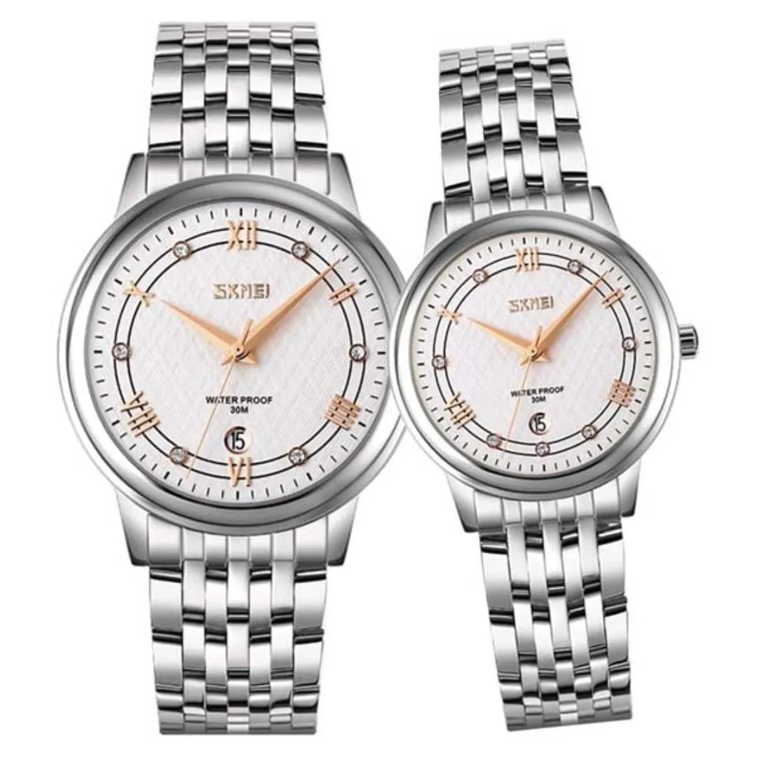 SKMEI 9272 Stainless Steel Buckle Strap Waterproof Quartz Unisex Watch – Dial Color: White, Strap Color: Silver – View 1