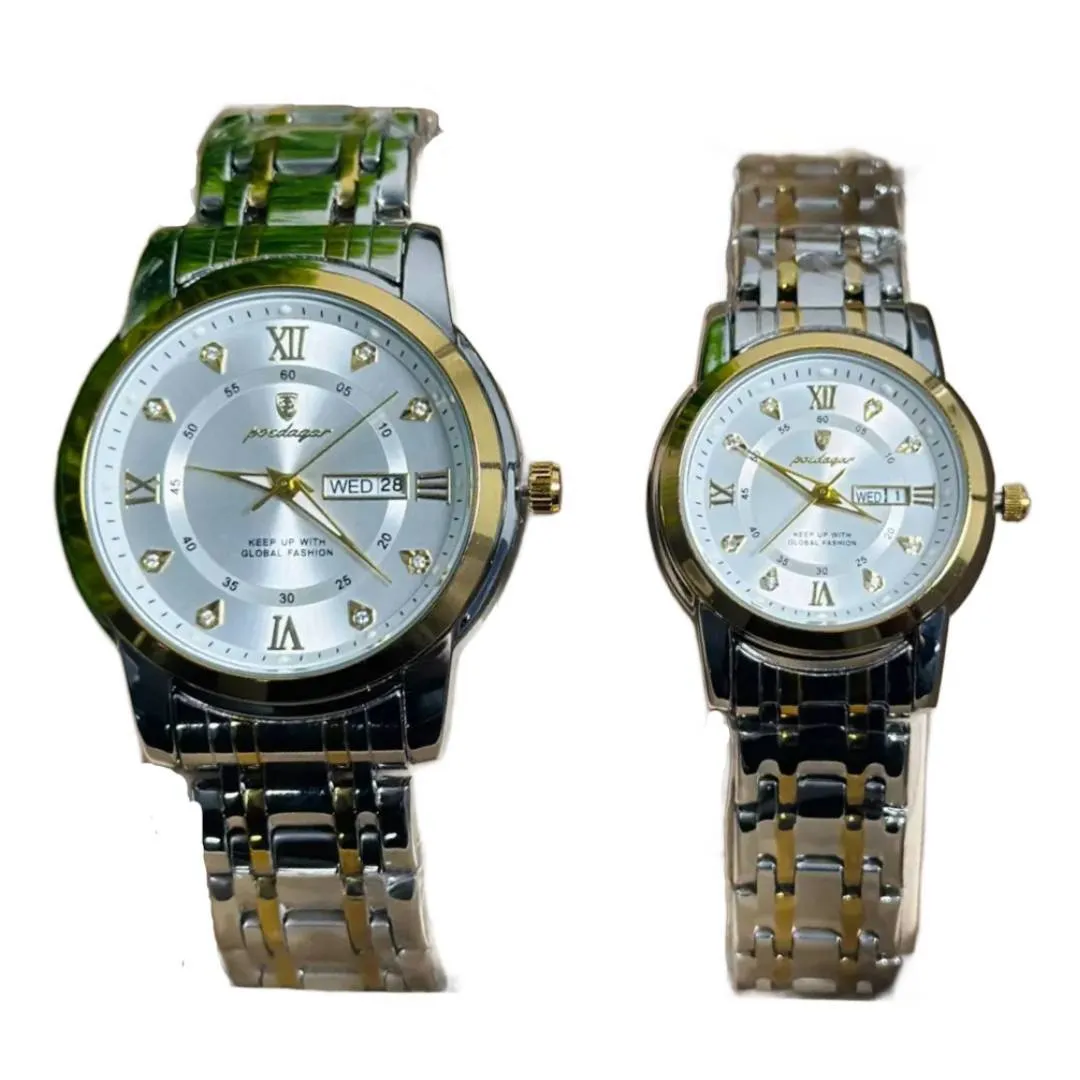 Poedagar 936 Couple Watch - Silver Gold With Premium Box – Dial Color: Silver, Strap Color: Gold – View 1