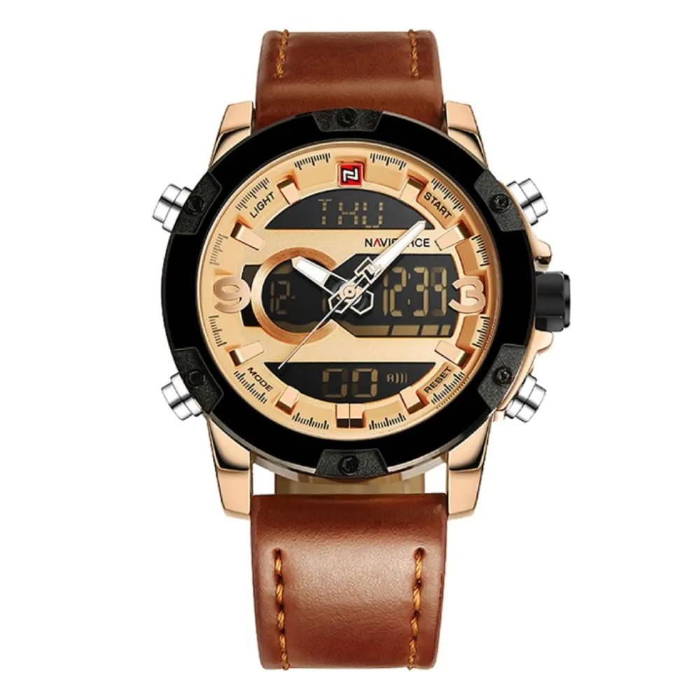 Naviforce NF9097 Luxury Brand Dual Display Sports Men's Watch – Dial Color: Rose, Strap Color:  Brown  – View 1