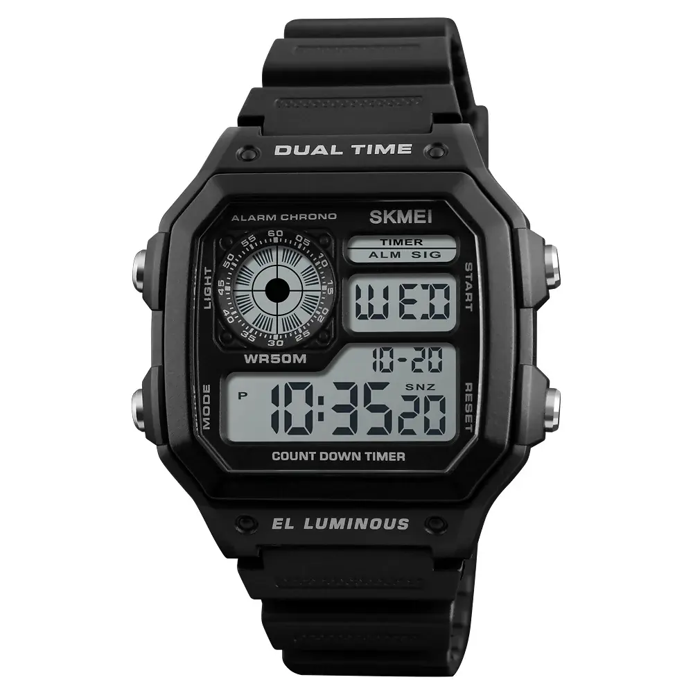 SKMEI 1299 Digital Multifunctional Silicone Strap Sporty Men's Watch – Dial Color: Black, Strap Color: Black – View 1
