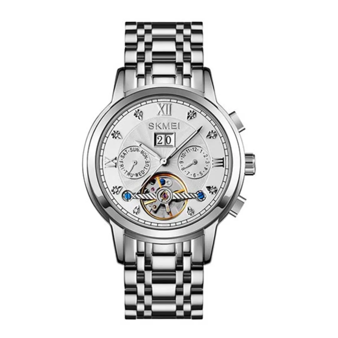 SKMEI M029 Mechanical Automatic Luxury Watch for Men – Dial Color: White, Strap Color: Silver – View 1