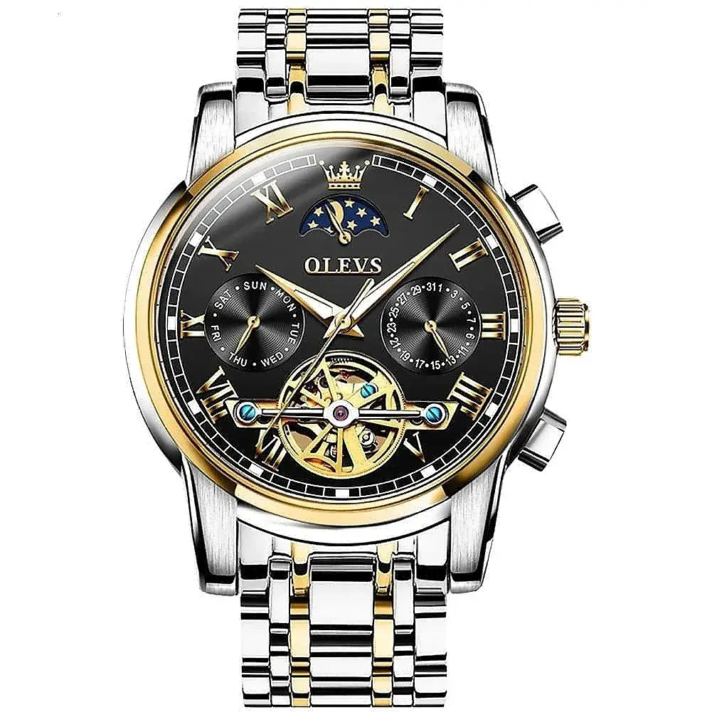 Olevs 6617 Luxury Mechanical Stainless Steel Chain Men's Watch – Dial Color: Black, Strap Color: White Gold – View 1