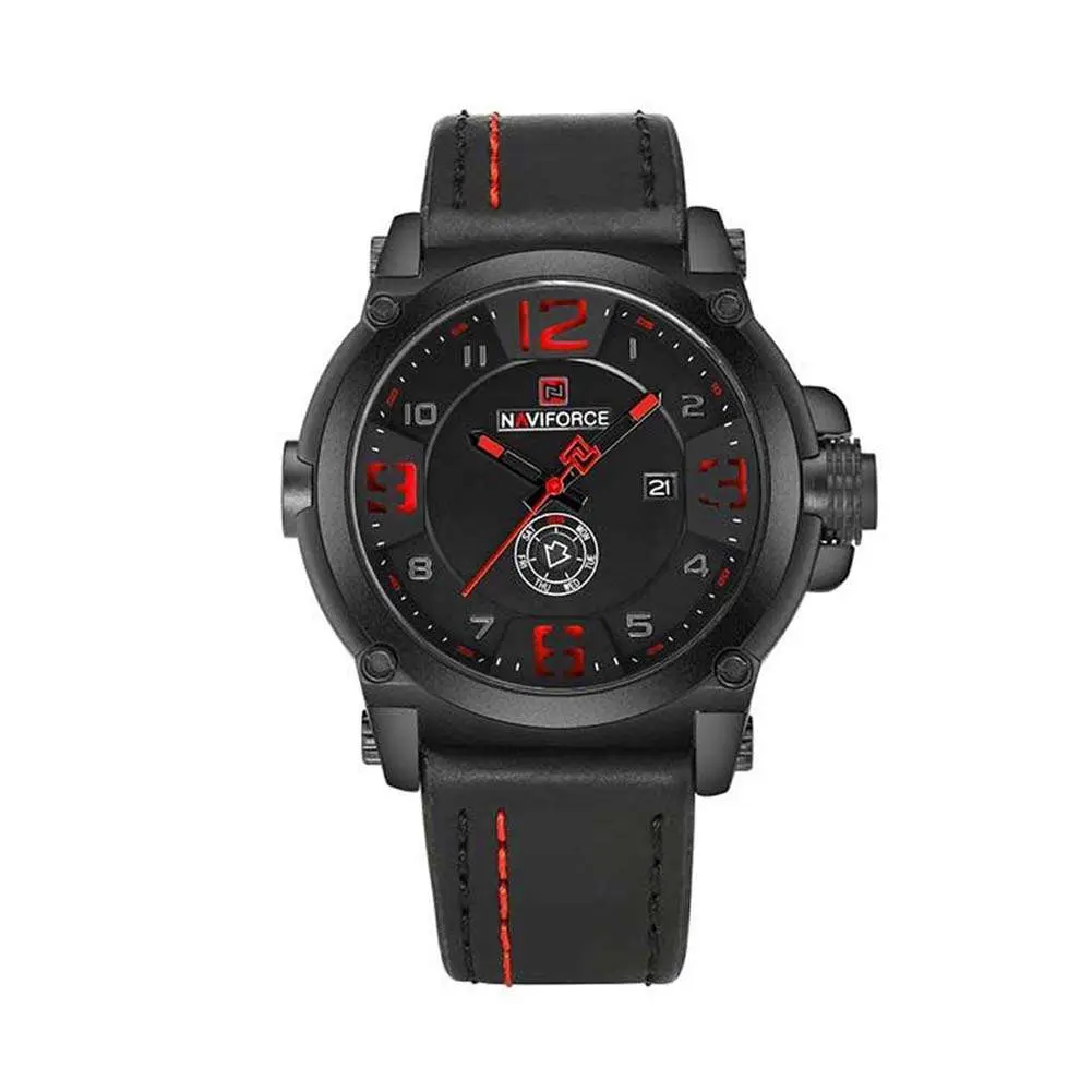 Naviforce NF9099 Luxury Leather Strap Chronograph Casual Male Fashion Watch – Dial Color: Red, Strap Color: Black – View 1