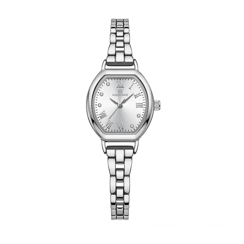 NAVIFORCE NF5035 Ladies High Quality Stainless Steel Waterproof Bracelet Elegant Barrel Shape Dress Watch – Dial Color: White, Strap Color: Silver – View 1