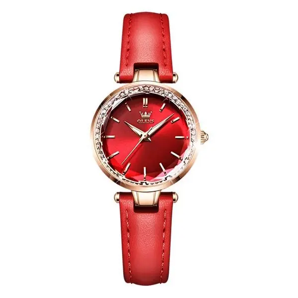 Olevs 6645 Diamond Studded Rose Gold Dial Leather Strap Waterproof Quartz Analog Women's Watch – Dial Color: Red, Strap Color: Red – View 1