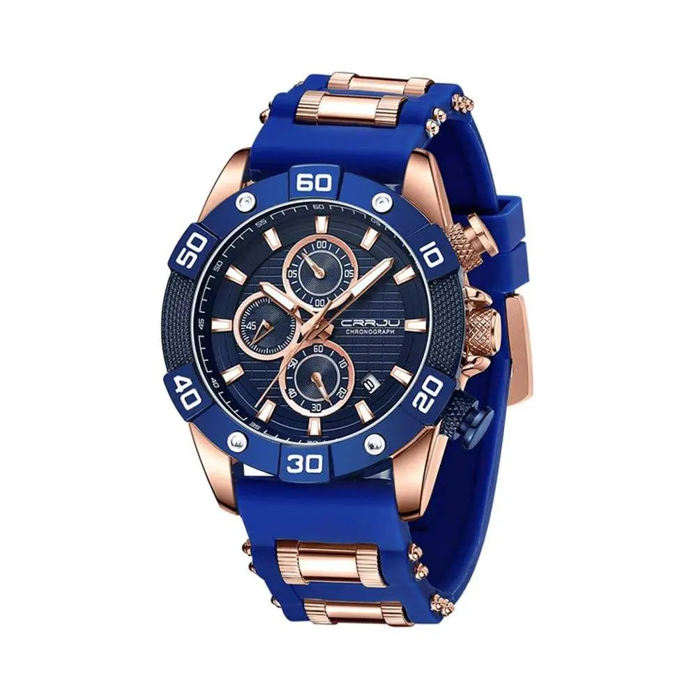 CRRJU 2291 Comfortable Silicone Strap Quartz Rugged Construction Sport Men's Watch – Dial Color: Blue, Strap Color: Rose Gold – View 1
