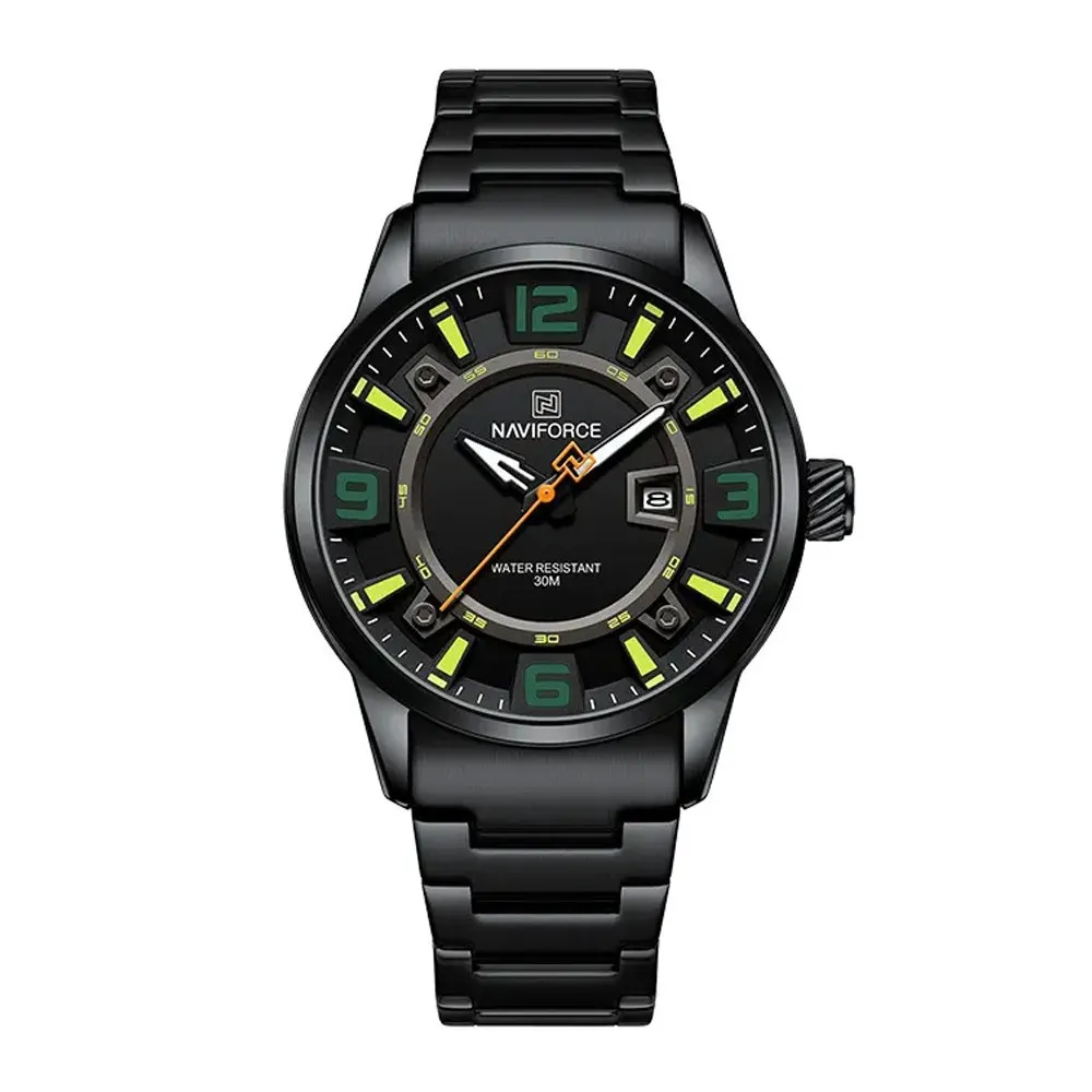 NAVIFORCE NF8044 Luminous Stainless Steel Strap Quartz Men’s Watch – Dial Color: Green, Strap Color: Black – View 1