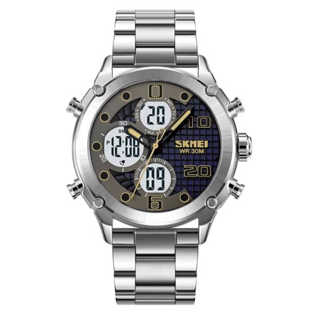 SKMEI 1975 Digital Analog Business Stainless Steel Men's Watch – Dial Color: Grey, Strap Color: Silver – View 1