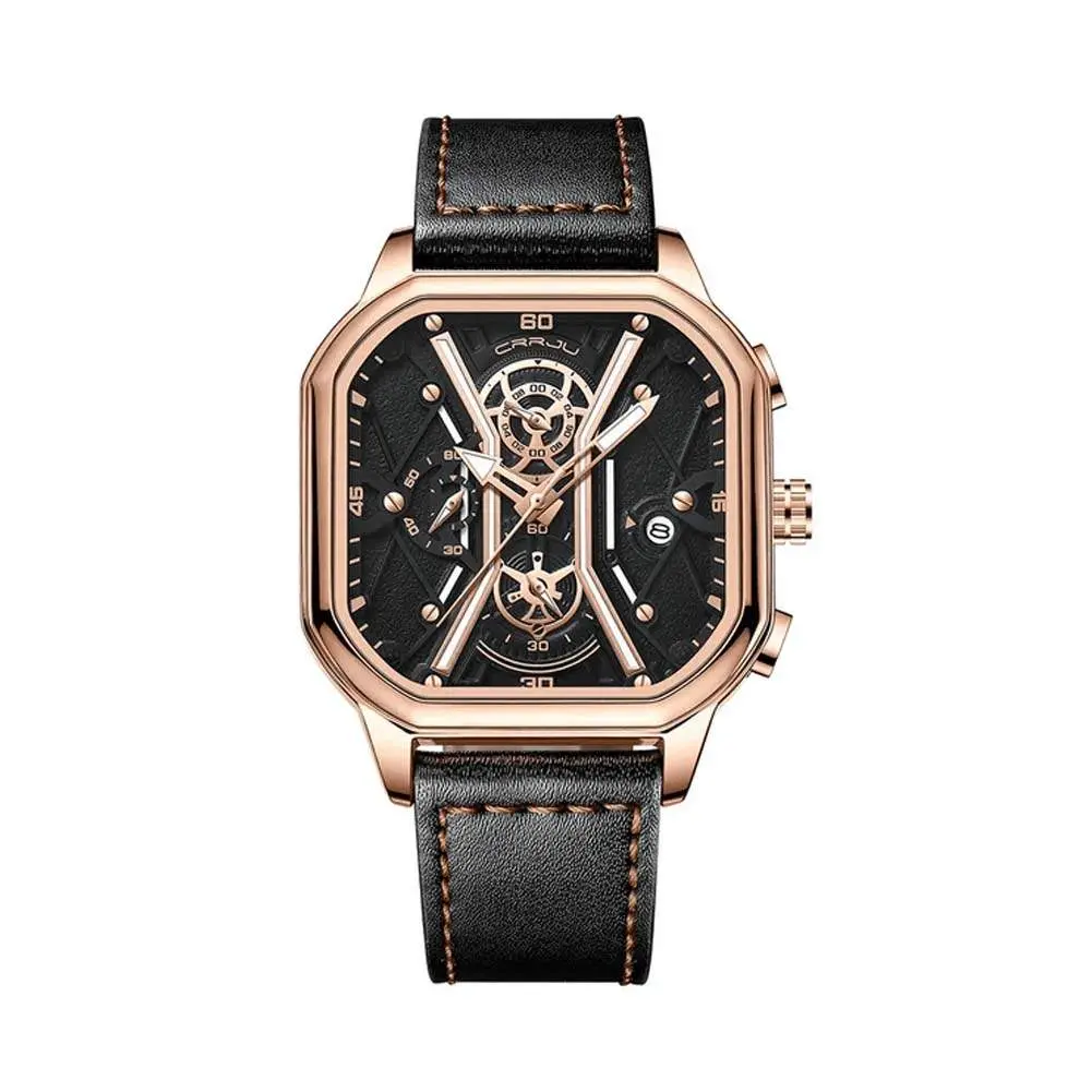 CRRJU 2313 Comfortable Genuine Leather Strap Multifunctional Chronograph Casual Men's Watch – Dial Color: Rose Gold, Strap Color: Black – View 1