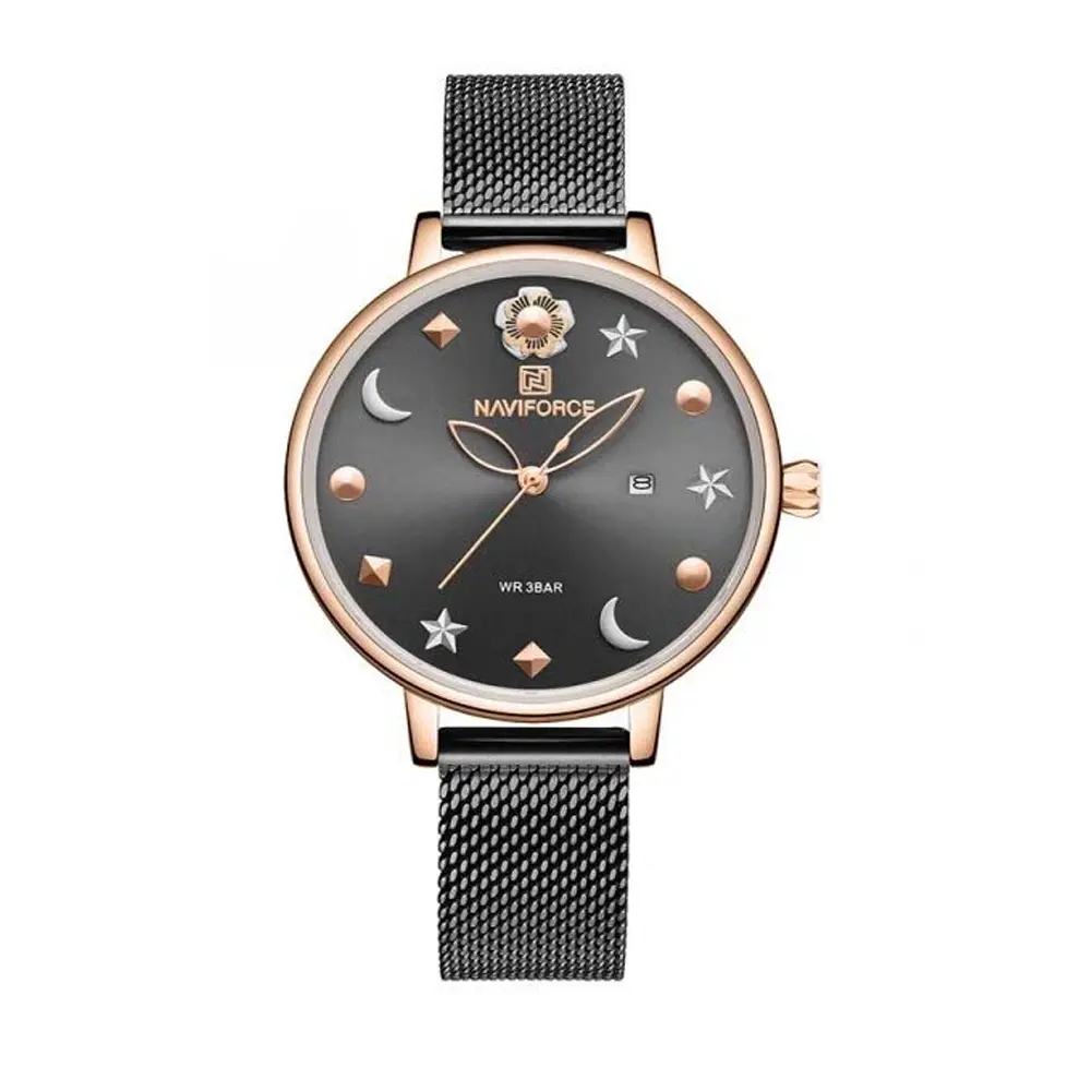 NAVIFORCE NF5009 Mesh Stainless Steel Analog Watch For Women – Dial Color: Black, Strap Color: Black – View 1