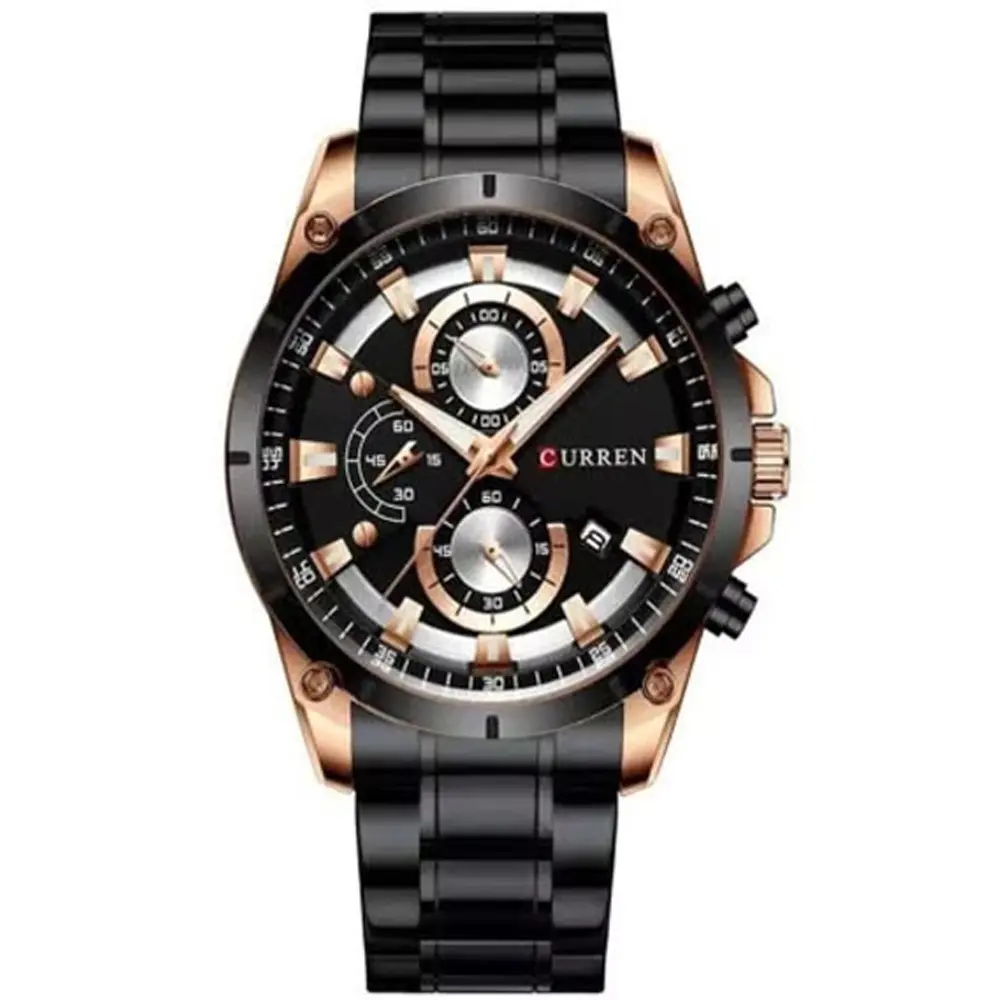 Curren 8360 Comfortable Stainless Steel Multifunctional Analog Men's Watch – Dial Color: Black, Strap Color: Black – View 1