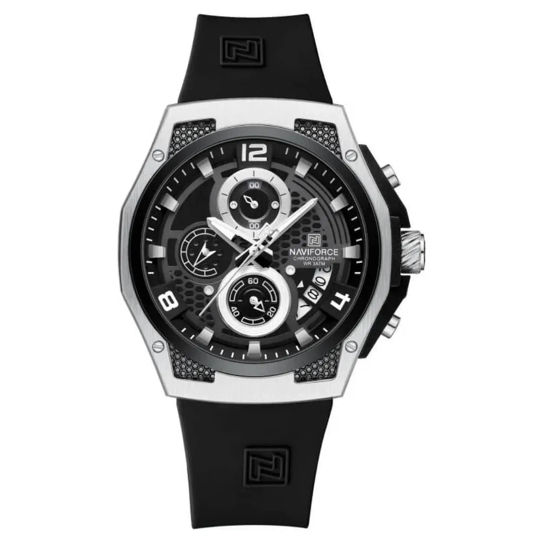 NAVIFORCE NF8051T Luxury Silicone Band Quartz Men's Watch – Dial Color: Silver, Strap Color: Black – View 1