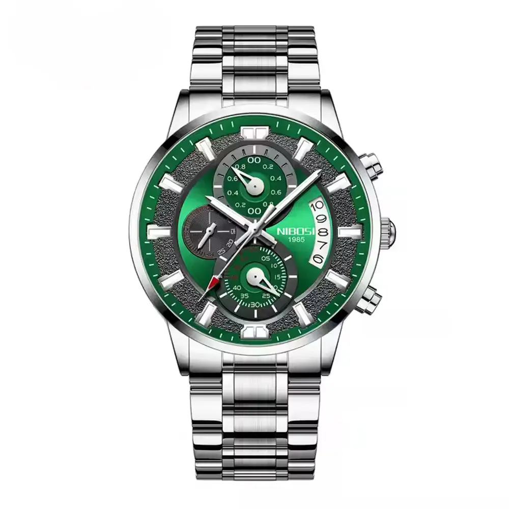 Nibosi 2382 Luxury Stainless Steel Waterproof Men's Watch – Dial Color: Green, Strap Color: Silver – View 1
