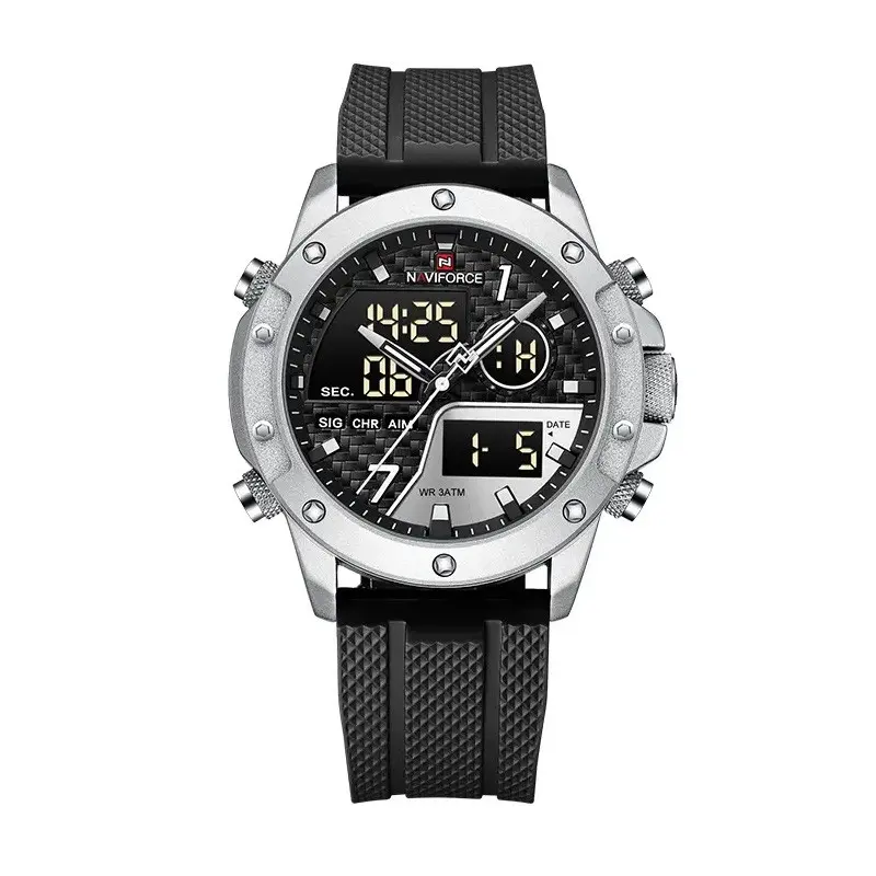 Naviforce NF9221 Lavish Silicon Rubber  Dual Time Quartz  Classic Men's Watch – Dial Color: Silver, Strap Color: Black – View 1