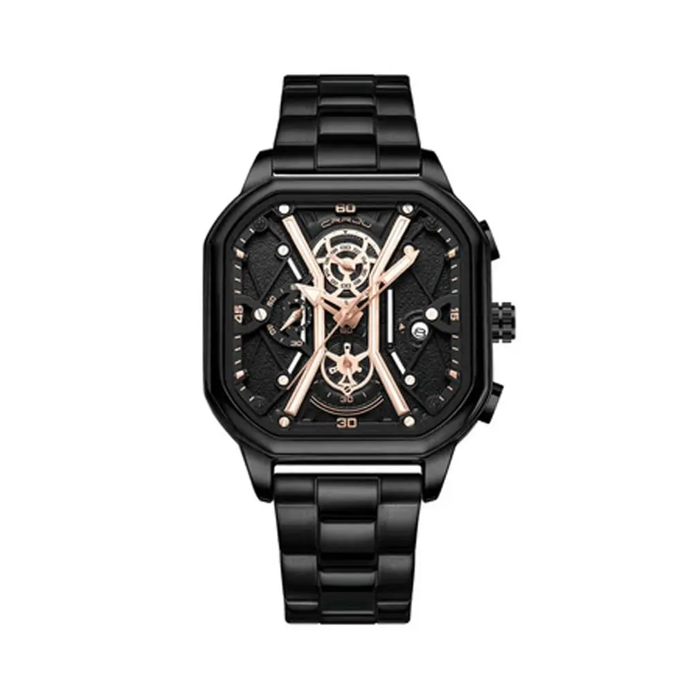 CRRJU 2313 Comfortable Stainless Steel Multifunctional Chronograph Luminous Dial Casual Men's Watch – Dial Color: Rose Black, Strap Color: Black – View 1