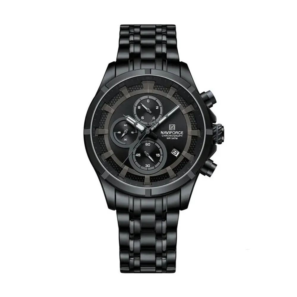 Naviforce 8046 Chronograph Stainless Steel Men Watch – Dial Color: Black, Strap Color: Black – View 1