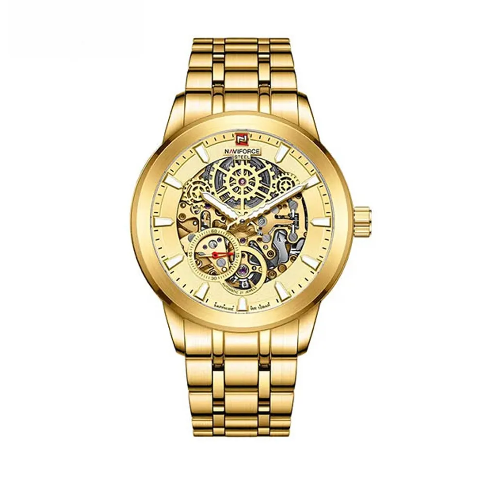 Naviforce NFS1002 Automatic Mechanical Stainless Steel Men's Watch – Dial Color: Gold, Strap Color: Gold  – View 1
