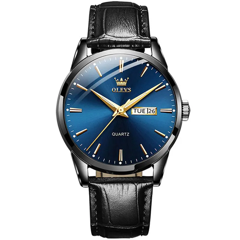 OLEVS 6898 Valentine's Calendar Display Leather Strap Couple's Quartz Watch – Dial Color: Blue, Strap Color: Black – View 1