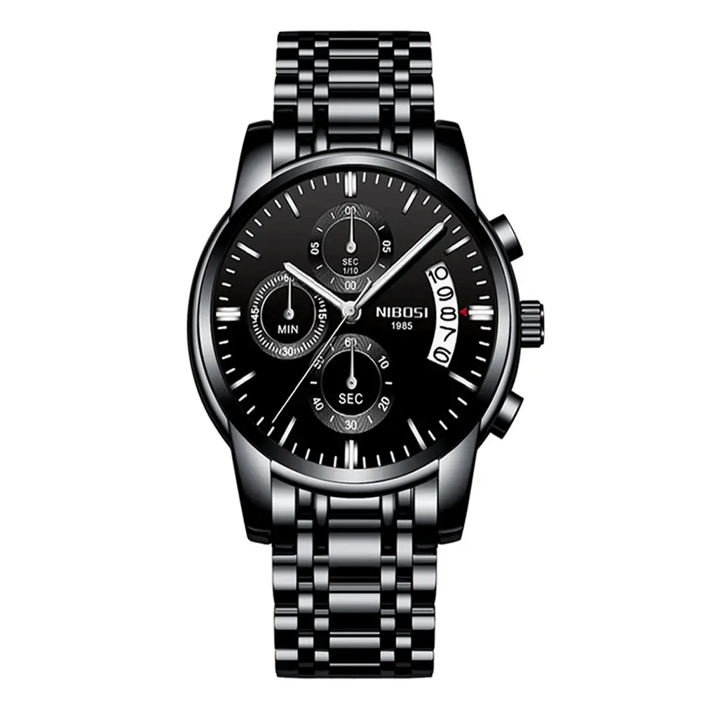 Nibosi 2353 High Quality Stainless Steel Analogue Men's Watch  – Dial Color: Black, Strap Color: Black – View 1