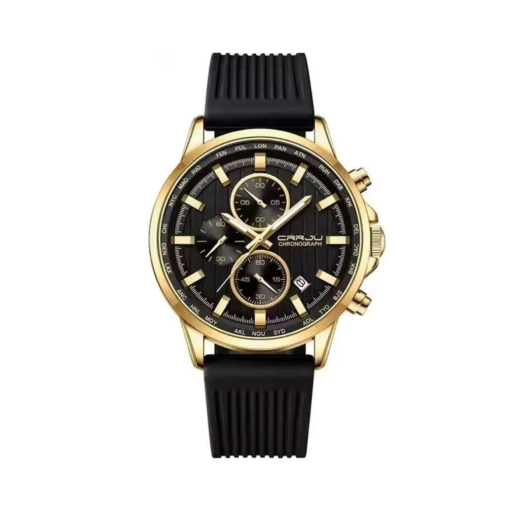 CRRJU 2315 Perfect Silicone Strap Chronometer Quartz Sport Men's Watch – Dial Color: Gold, Strap Color: Black – View 1