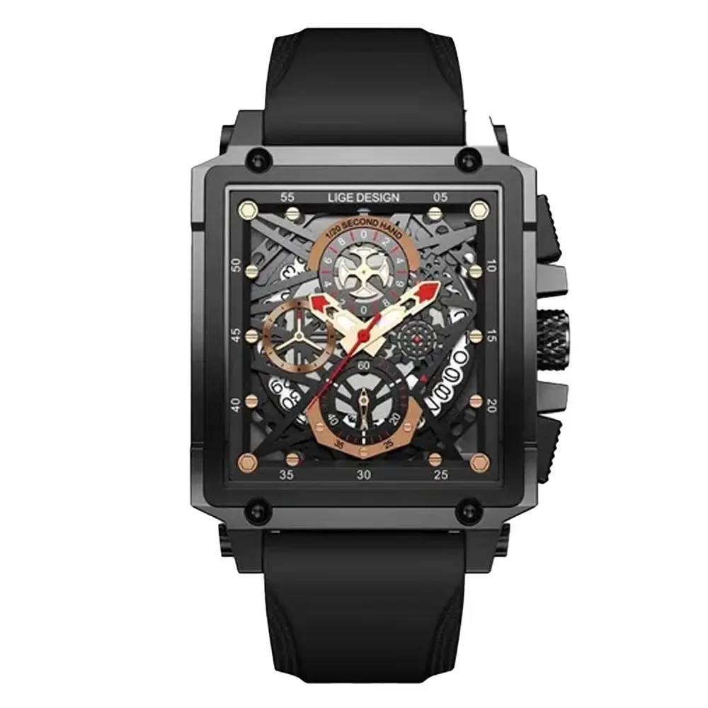LIGE 8935 Exclusive Square Dial Analog Hollow Luxury Men's Watch – Dial Color: Black, Strap Color: Black – View 1