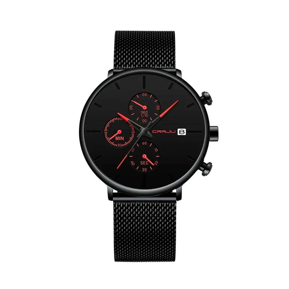 CRRJU 2268 Luxury Black Mesh Steel Band Chronograph Casual Fashion Men’s Watch – Dial Color: Red, Strap Color: Black – View 1