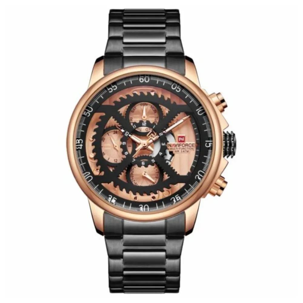 Naviforce NF9150 Luxury Steel Military Waterproof Quartz Men's Watch – Dial Color: Rose, Strap Color: Black – View 1