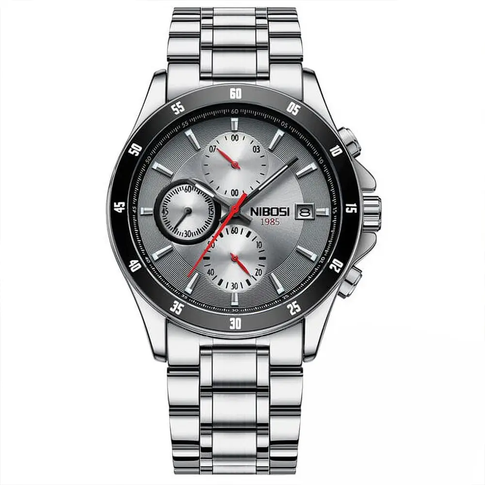 Nibosi 2530 Luxury Stainless Steel Chronograph Men's Watch – Dial Color: Silver, Strap Color: Silver – View 1