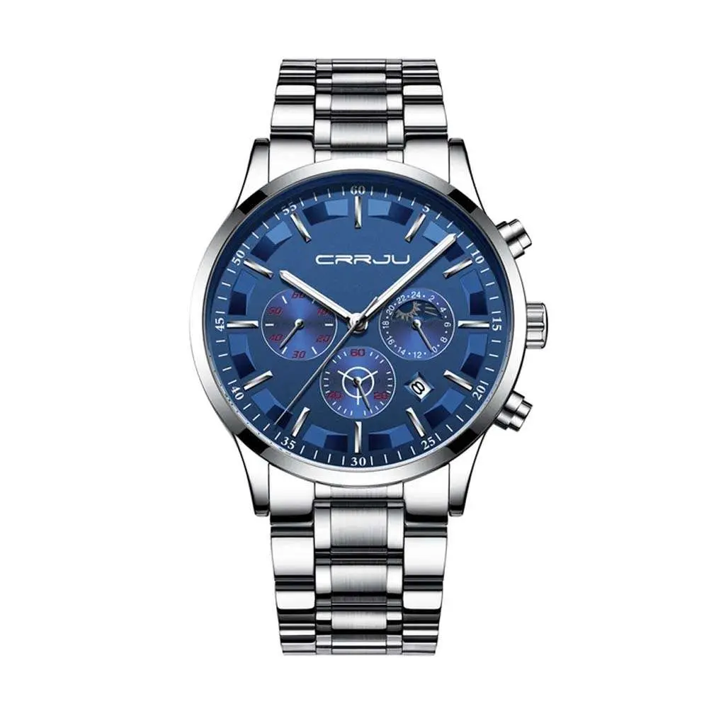 CRRJU 2260 High Quality Stainless Steel Multifunctional Quartz Classic Men's Watch – Dial Color: Blue, Strap Color: Silver – View 1