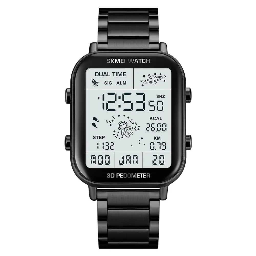 SKMEI 1888 Stainless Steel Calorie Mileage Digital Sporty Men's Watch – Dial Color: White, Strap Color: Black – View 1