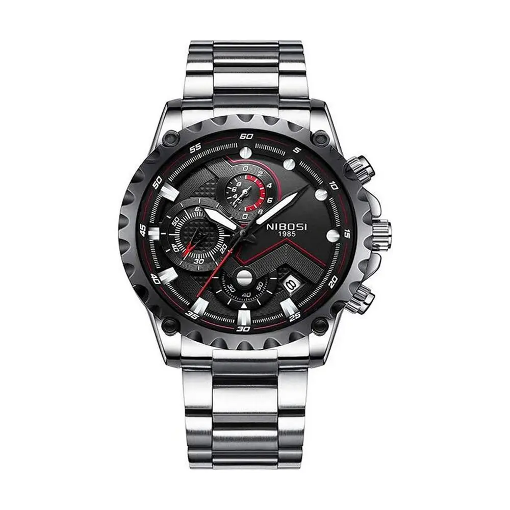Nibosi 2322 Stylish Stainless Steel & Chronograph Men Watch – Dial Color: Black, Strap Color: Silver – View 1