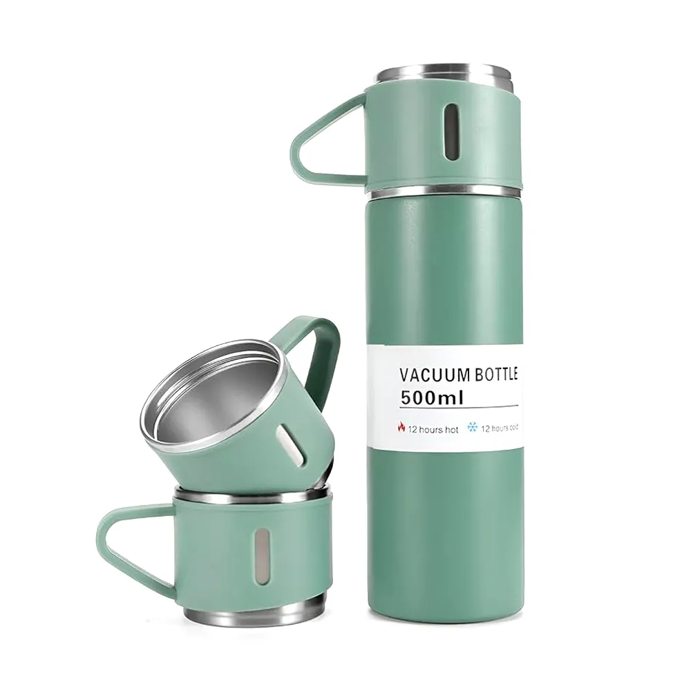 3 in 1 Vacuum Insulated Thermal Flask With Cup Set  – Capacity: 500 ml, Color: Green – View 1