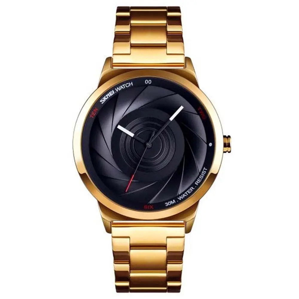 SKMEI 9210 Stainless Steel Analog Luxury Quartz Men's Watch – Dial Color: Black, Strap Color: Gold  – View 1